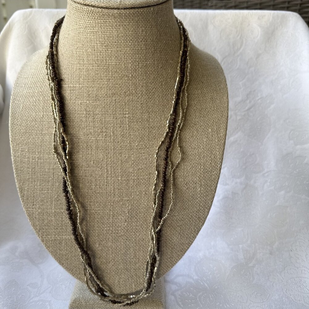 NEW Seed Bead Multi Layer Gold Tone Brown Multistrand Beaded Necklace 15" Drop - Picture 4 of 11